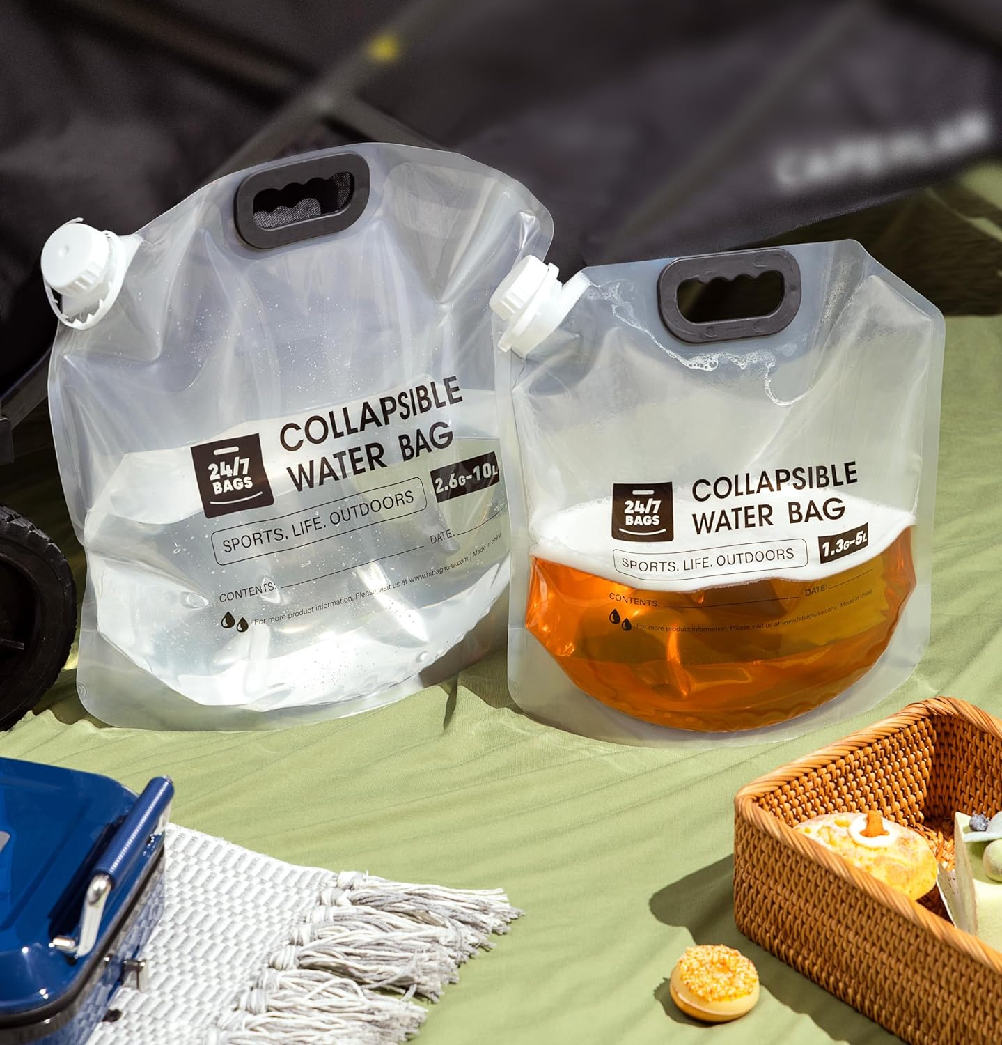 4 Pack Collapsible Water Container Bag 1.3 Gallon/5 Liter, Heavy Duty with Carry Handles, Hikes, Trips, Weather Emergencies, and More, Foldable Water Bag