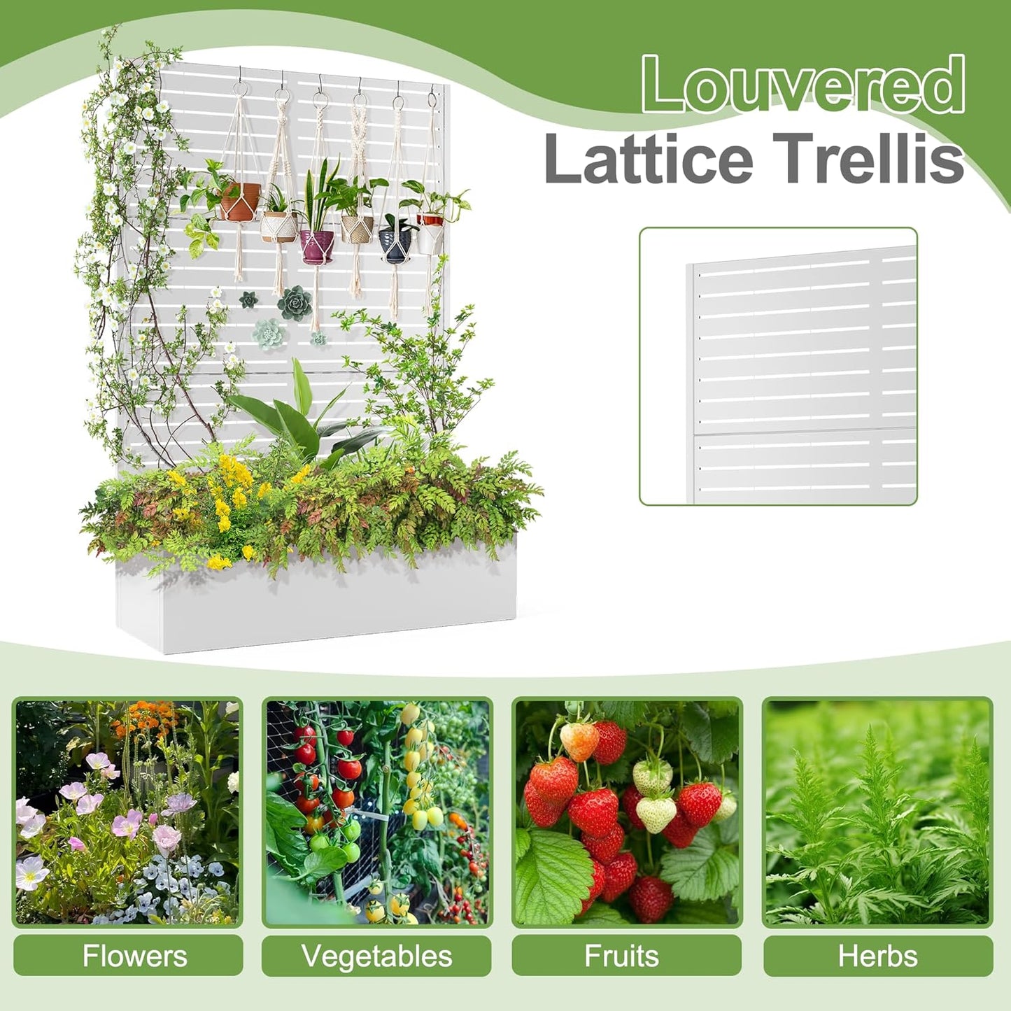 Trellis for Climbing Plants Outdoor，Mental Garden Bed with Drainage Holes Outdoor Privacy Screen Design Tall planters for herb Flower Vegetables 73"x47"x16", White-Louvered
