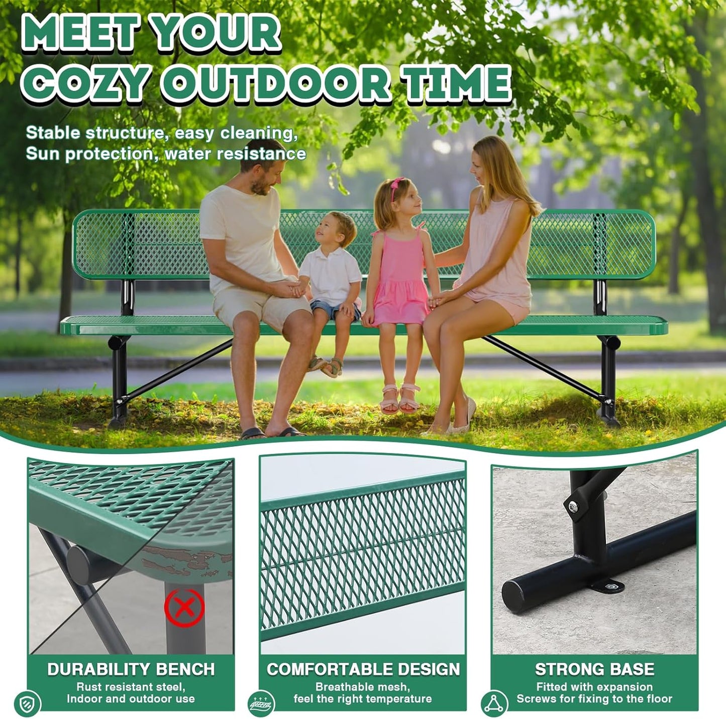 8FT Heavy Duty Park Bench with Back Portable Frame, Outdoor Metal Park Bench with Backrest, Steel Mesh Outdoor Bench for Garden, Lawn, Patio, Porch, Park, Yard, Green