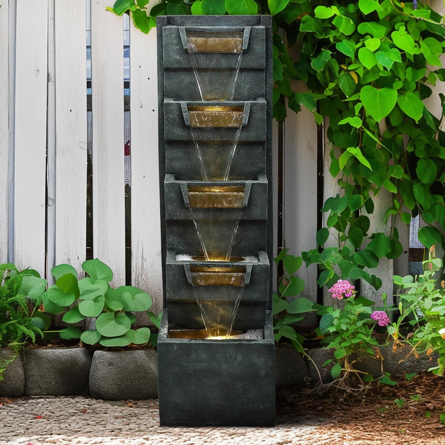 39.3" H Modern Water Fountain 5-Tier Outdoor Garden - Water Fountain w/LED Lights Cascading Waterfall Features for Home Garden Backyard Decor