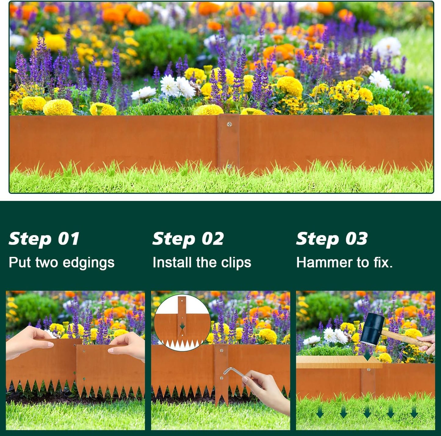 Corten Steel Landscape Edging Steel Landscaping Edging Metal Garden Edging Lawn Edge Border Rust Patina 40 Inch Strips 8 Inch Depth Hammer-in for Outdoor Yard Lawn Flower Plant 6 pcs