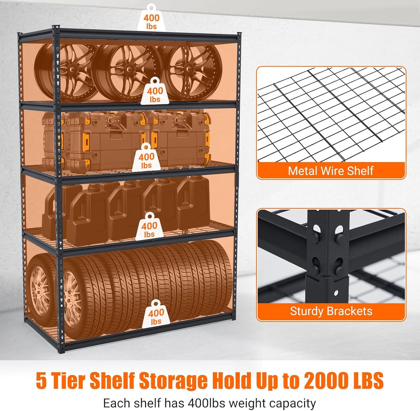 2500 LBS Storage Shelves, 5 Tier Garage Shelving, Heavy Duty, Adjustable Metal Shelving Unit, Industrial Utility Shelf Rack for Garage, Basement, Pantry, 72" H x 48" W x 24" D, Black