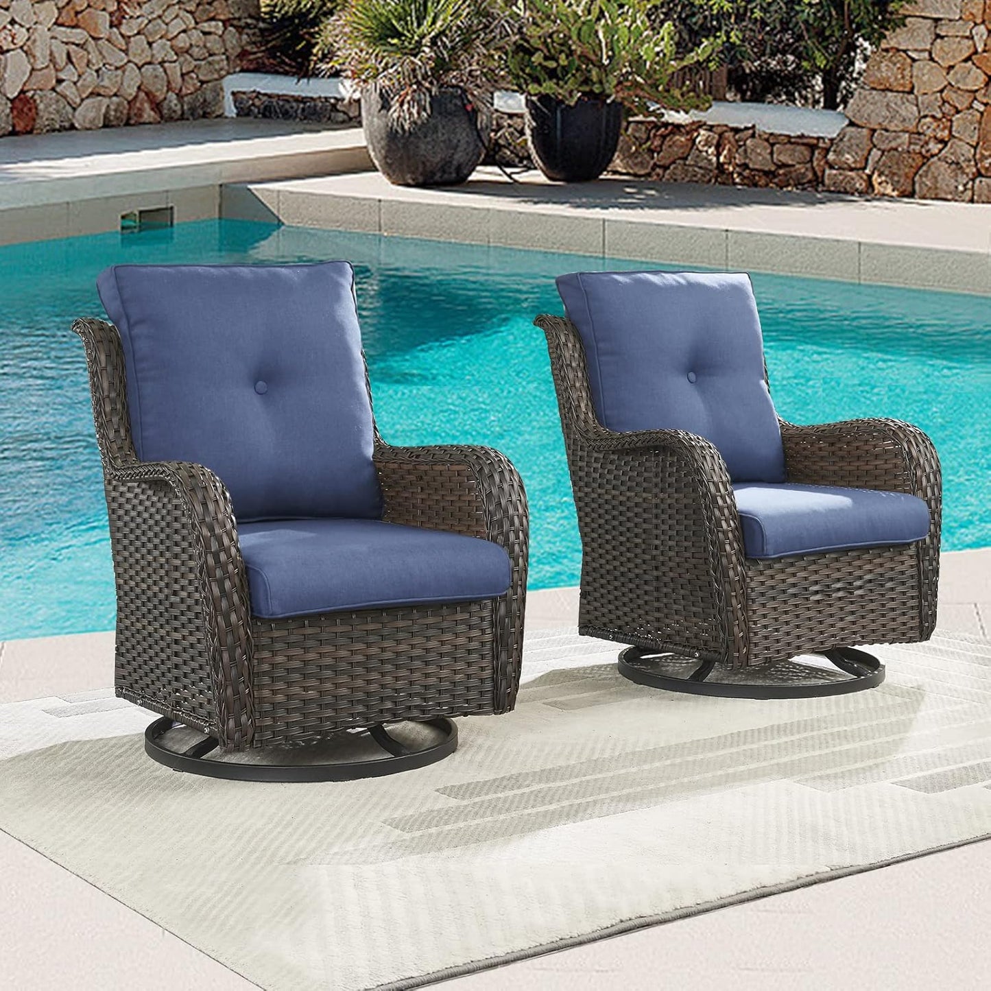 Outdoor Patio Swivel Rocker Chairs - Single Wicker Rattan Patio Swivel Rocking Chair with High Back,Deep Seating and Comfort Cushions for Deck Porch Garden,Brown/Blue