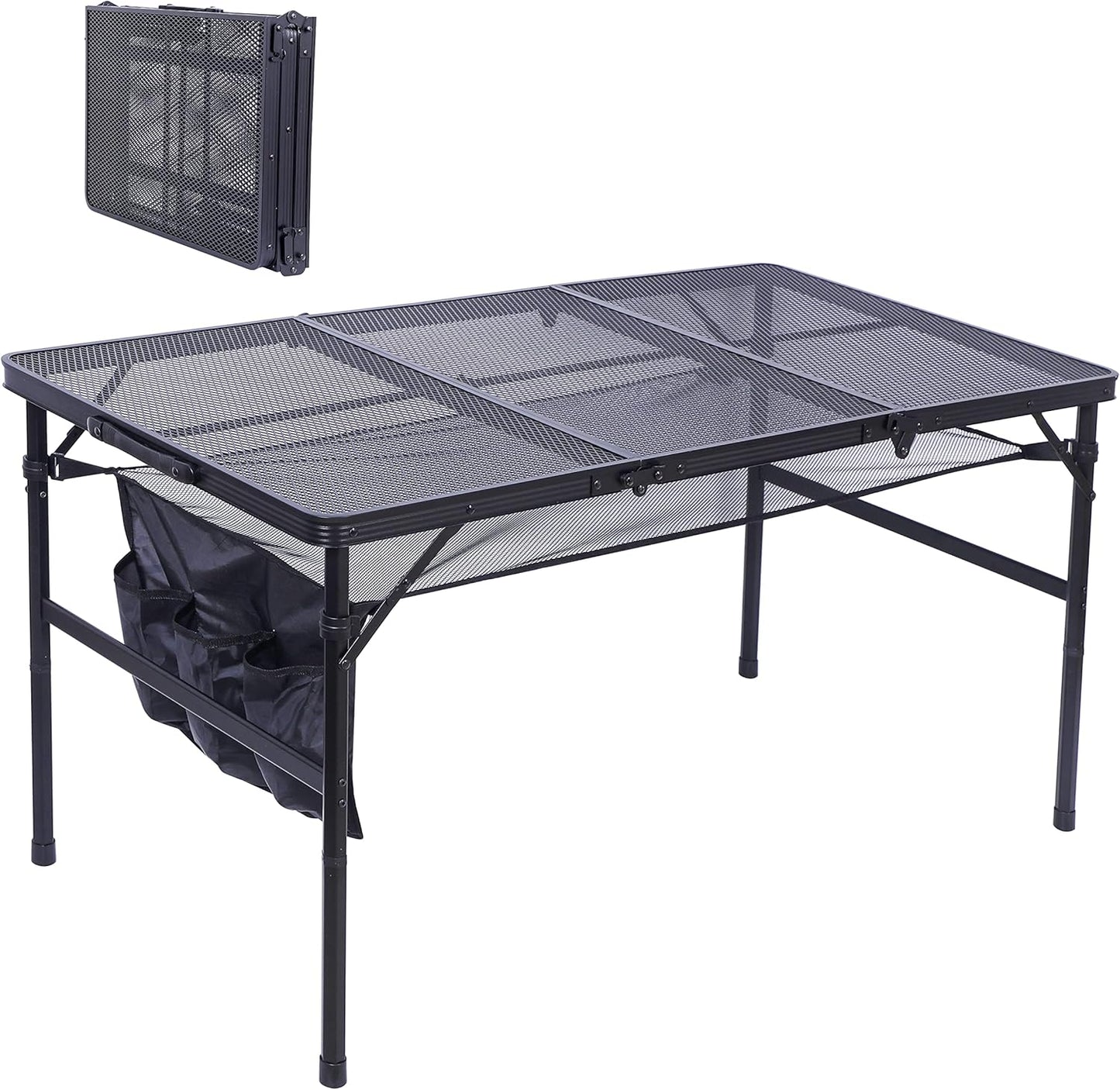 Nice C Table for Grill, Outdoor Table, Camping Cooking Picnic Tables, Card Tables Adjustable Height, Mesh Bag, Carry Handle (47.3” x 23.7“ x 14.7”/24.2“ Black)