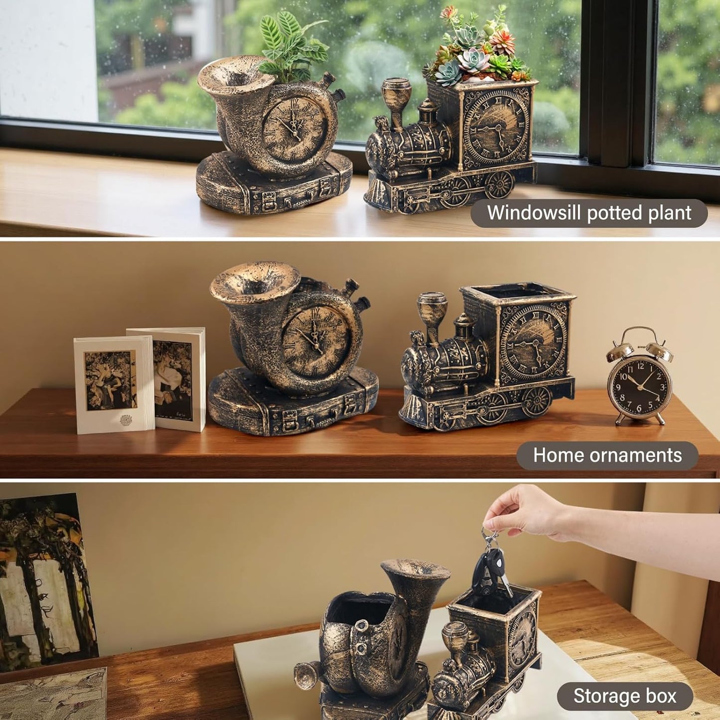 Retro-Style Succulent Pots with Drainage, Indoor/Outdoor Planter, Nostalgic Cactus/Bonsai Garden Pots for Home Decoration and Office Desk Decoration, Vintage Artwork (2 Piece Set) (Bronze-Colored)