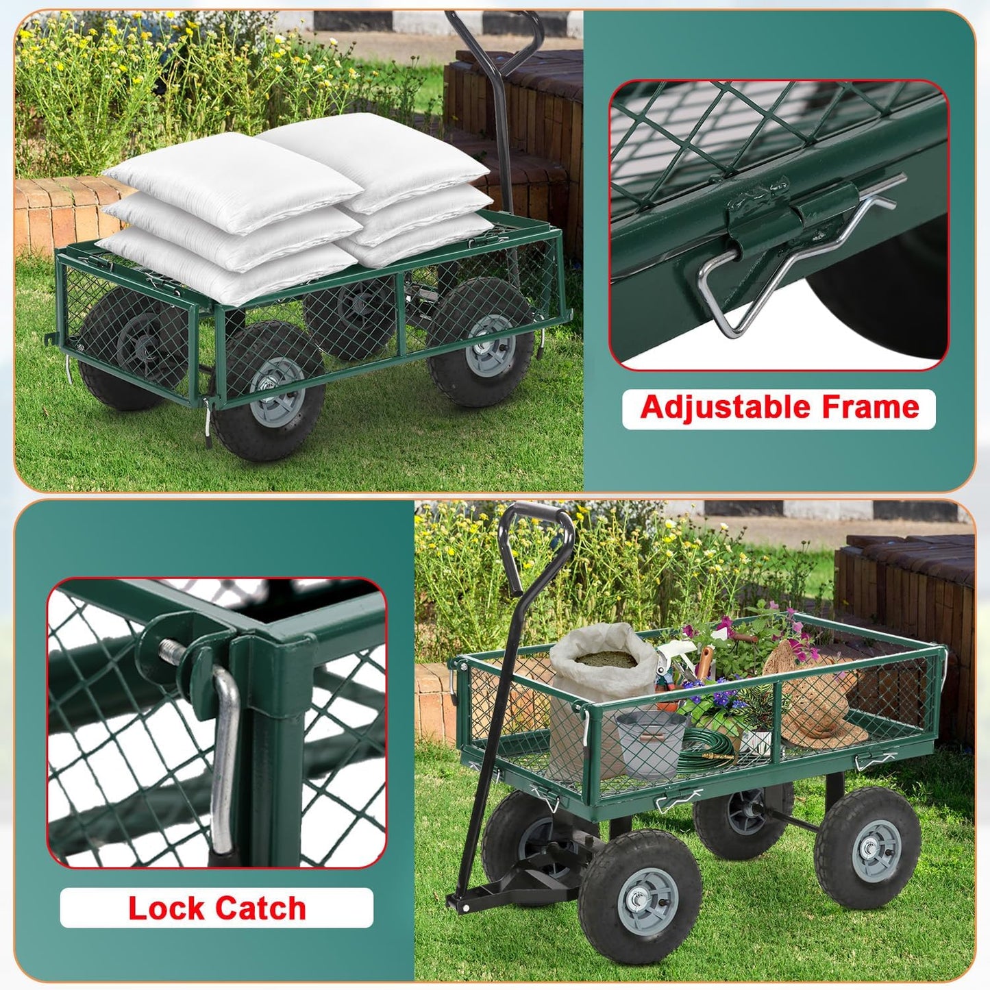 BestMassage Heavy Duty 500 Lbs Capacity Mesh Steel Garden Cart Folding Utility Wagon with Removable Sides for Beach Lawn Yard Landscape (Green)