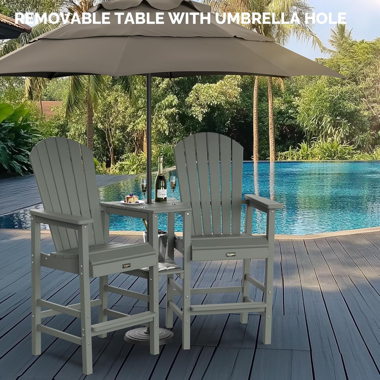VINGLI Tall Adirondack Chairs Set of 2, HDPE Balcony Chair with Double Connecting Tray Weather Resistant Outdoor Bar Stools for Patio Deck Lawn Pool Backyard (Grey)