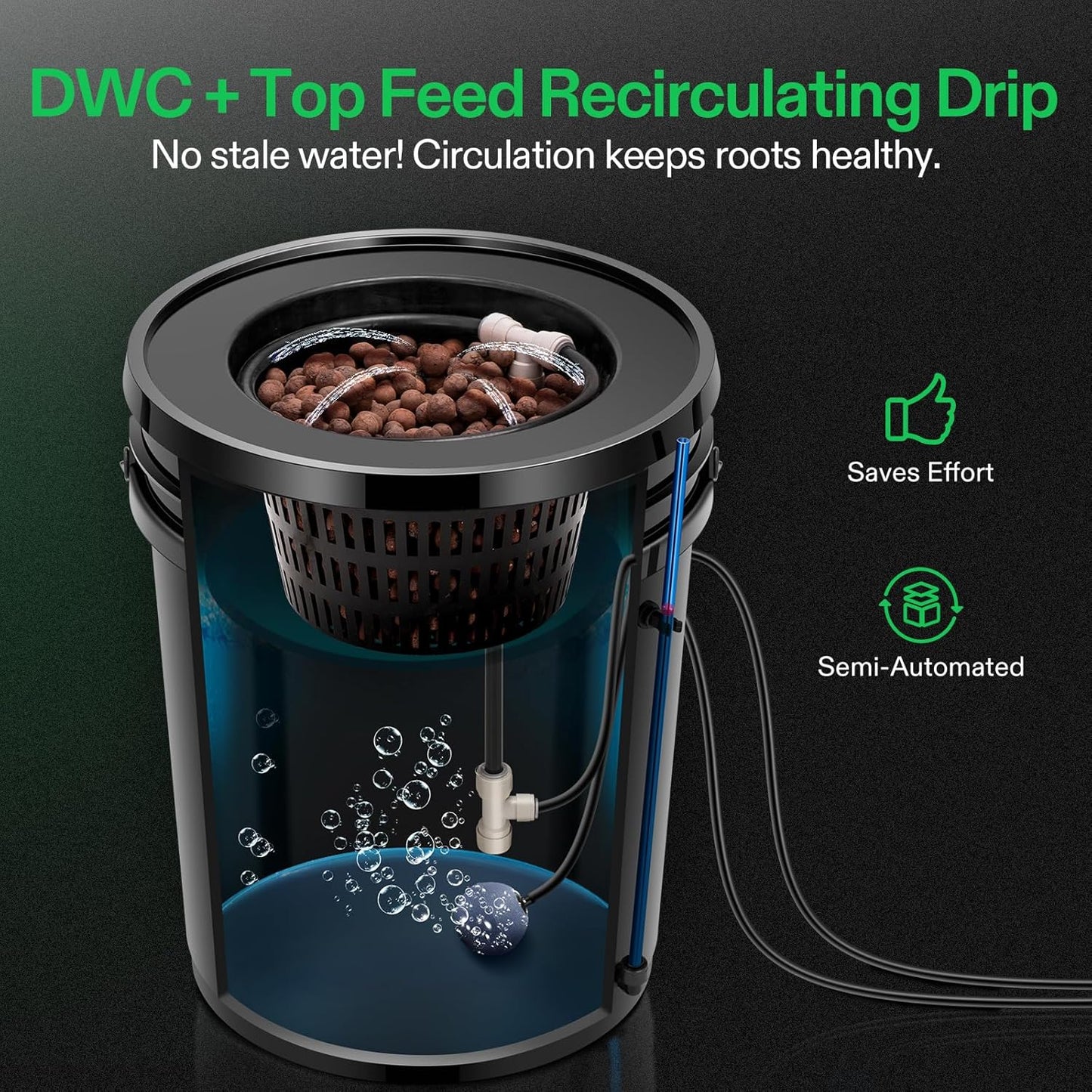 VIVOSUN DWC Hydroponics Grow System with Top Drip Kit, 5-Gallon Deep Water Culture, Recirculating Drip Garden System with Multi-Purpose Air Hose, Air Pump, and Air Stone (1 Bucket + Top Drip Kit)