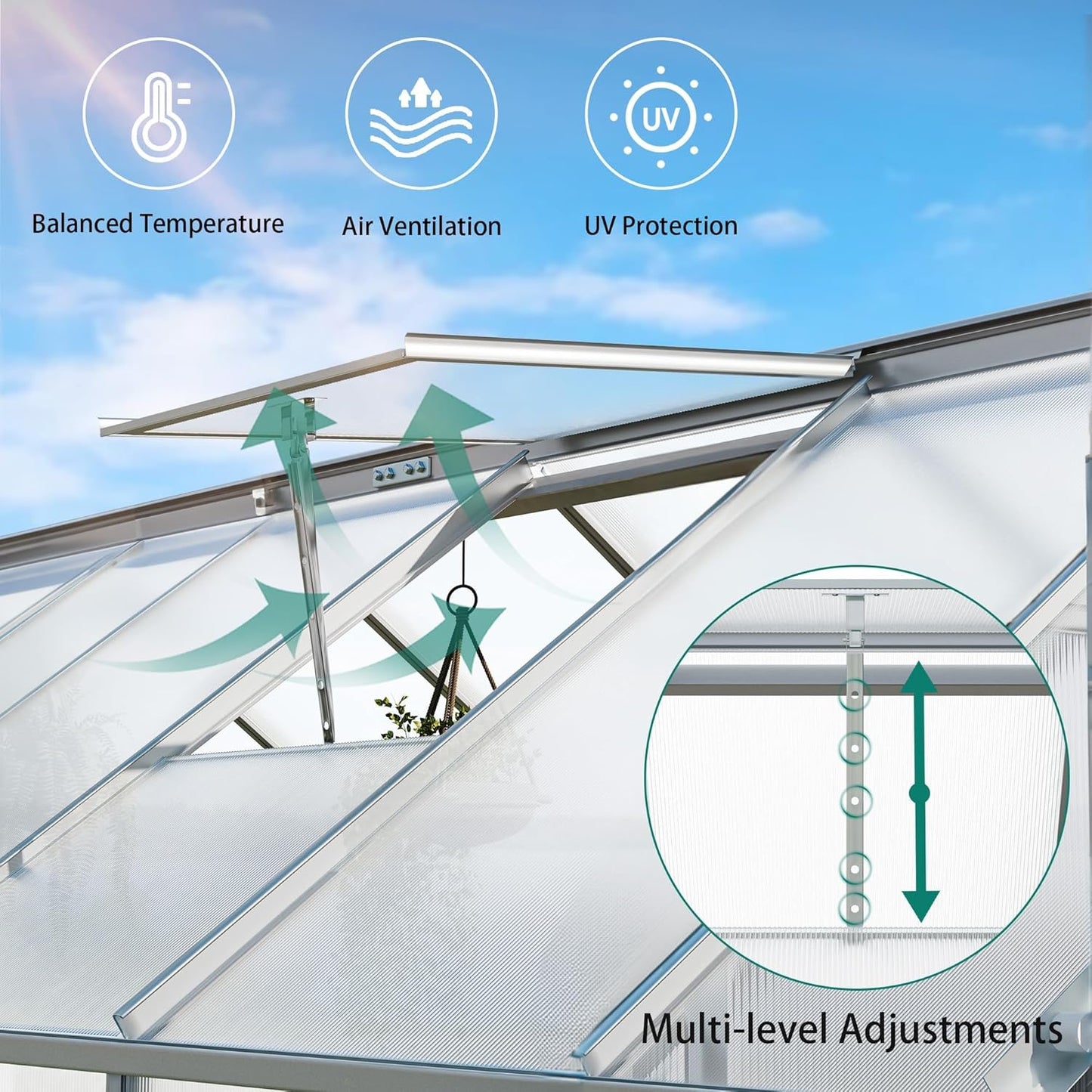 YITAHOME 16x6FT Polycarbonate Greenhouse for Outdoors, Large Heavy Duty Aluminum Greenhouses with Sliding Doors and Vent Window, Walk-in Greenhouse for Garden Backyard, Simple Setup, Silver