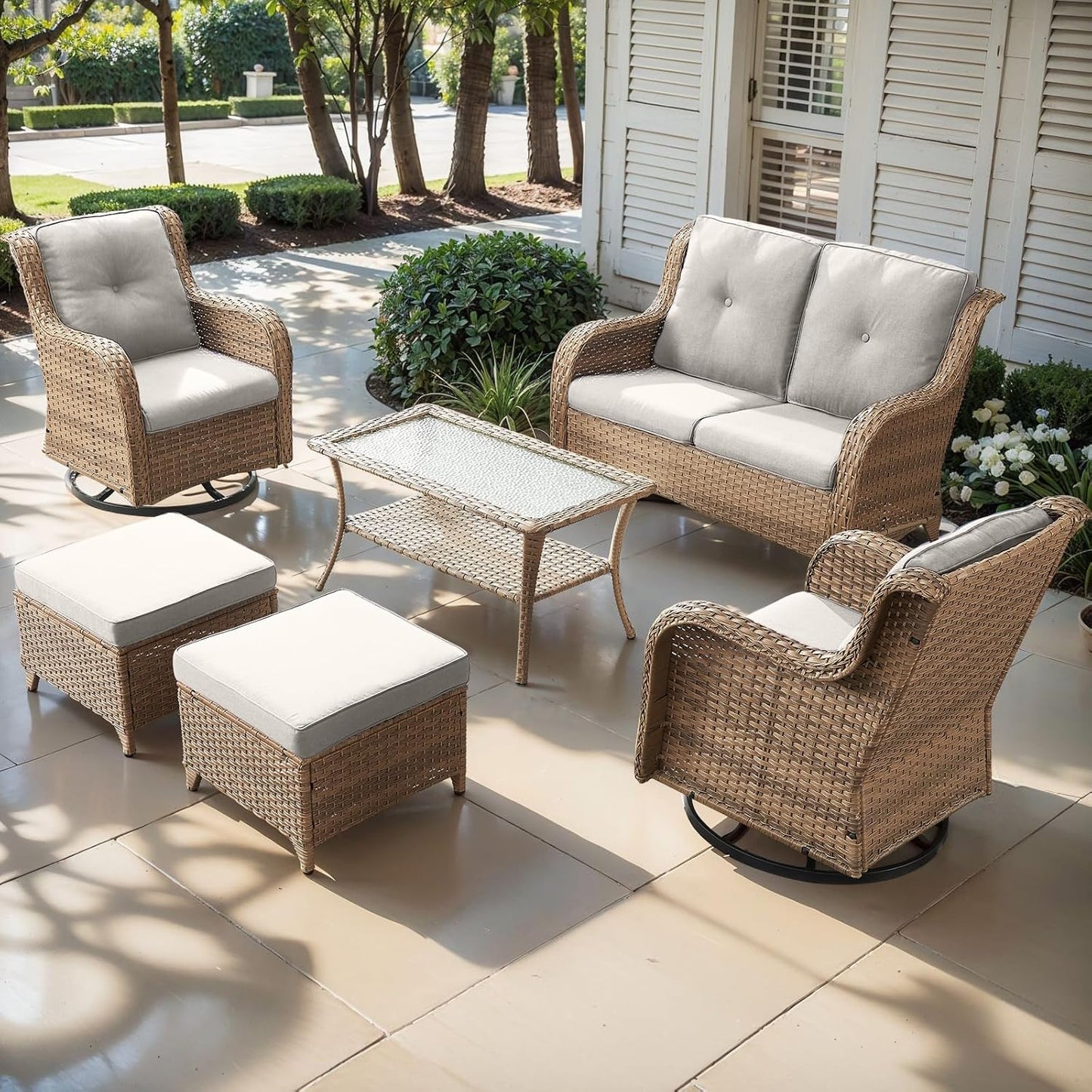 Outdoor Wicker Patio Furniture Set - 6 Piece Rattan Patio Conversation Set with 2 Rocking Swivel Chairs,2 Ottomans,1 Loveseat and 1 Coffee Table for Porch Deck Backyard Garden(Yellow/Beige)