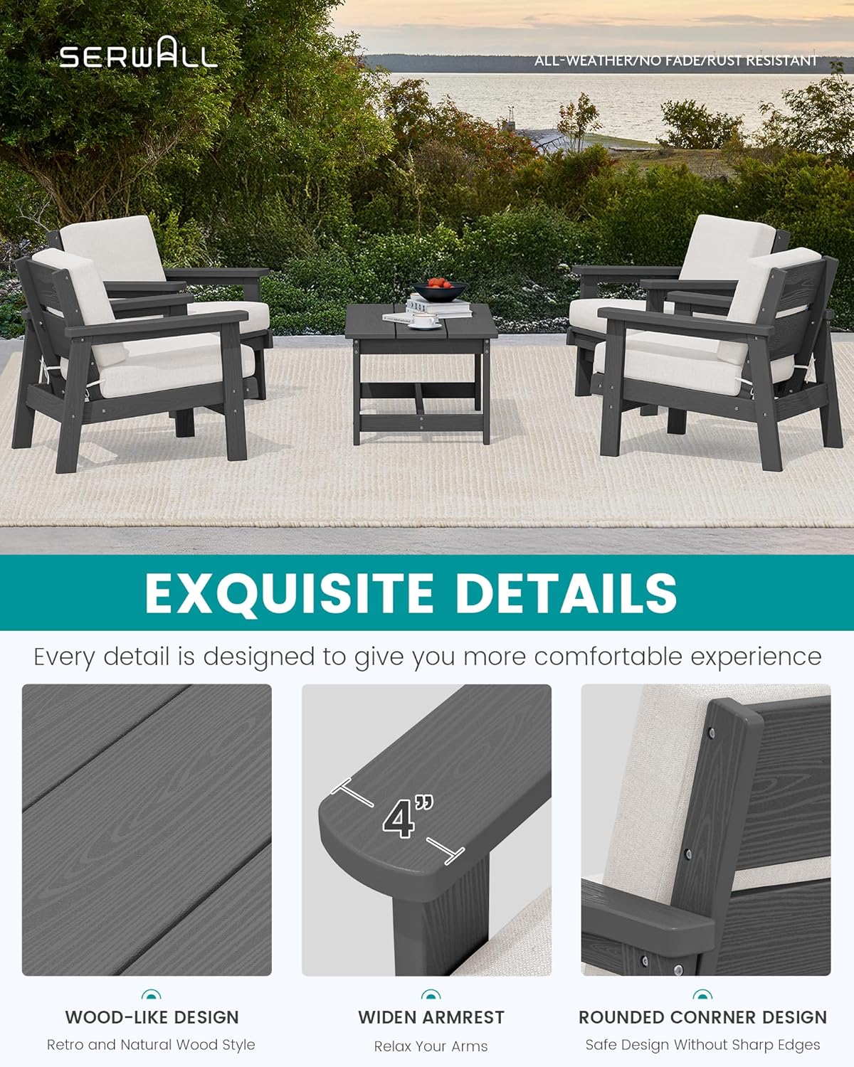 SERWALL Outdoor Patio Furniture Set, 5 Piece HDPE Patio Conversation Sets, All-Weather Wood-Like Outdoor Couch Loveseat and Coffee Table with Thick Cushions for Porch Balcony Garden Backyard