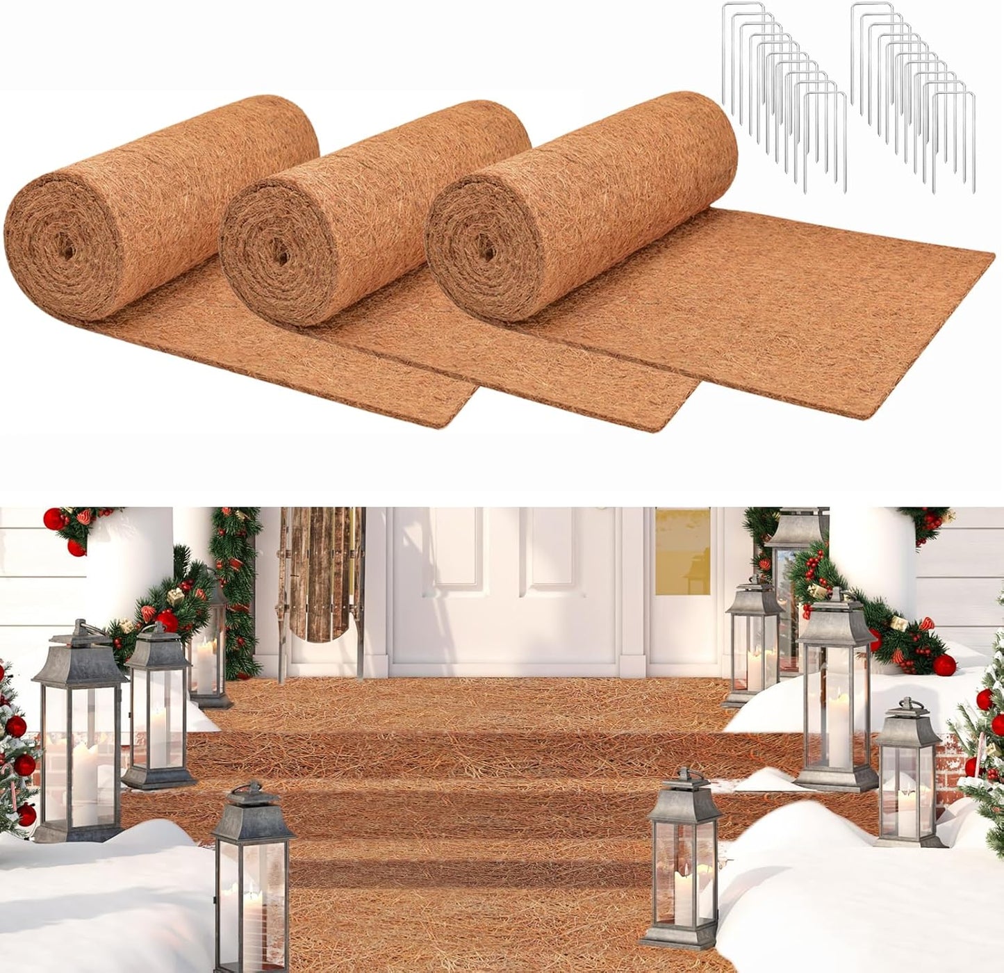 ZeeDix 3 Pack 16 x 80 x 0.28inches Thickened No-Slip Ice and Snow Carpet Mats- Natural Coconut Fiber Carpet for Garden, Front Door, Stairs, Porch Outdoor Safer Walking