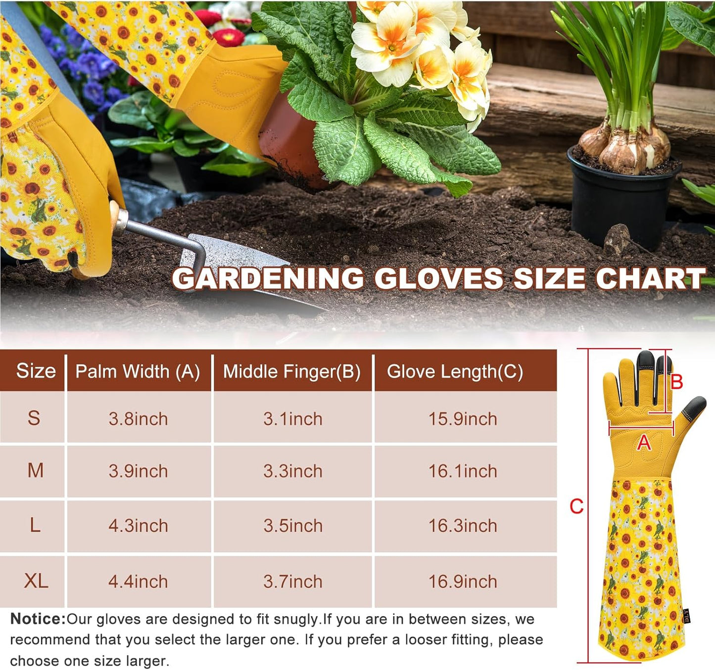 DLY Gardening Gloves for Women, Rose Gloves Gardening Thorn Proof, Long Garden Gloves for Women, Breathable Cowhide Leather Gauntlet (Medium, Yellow