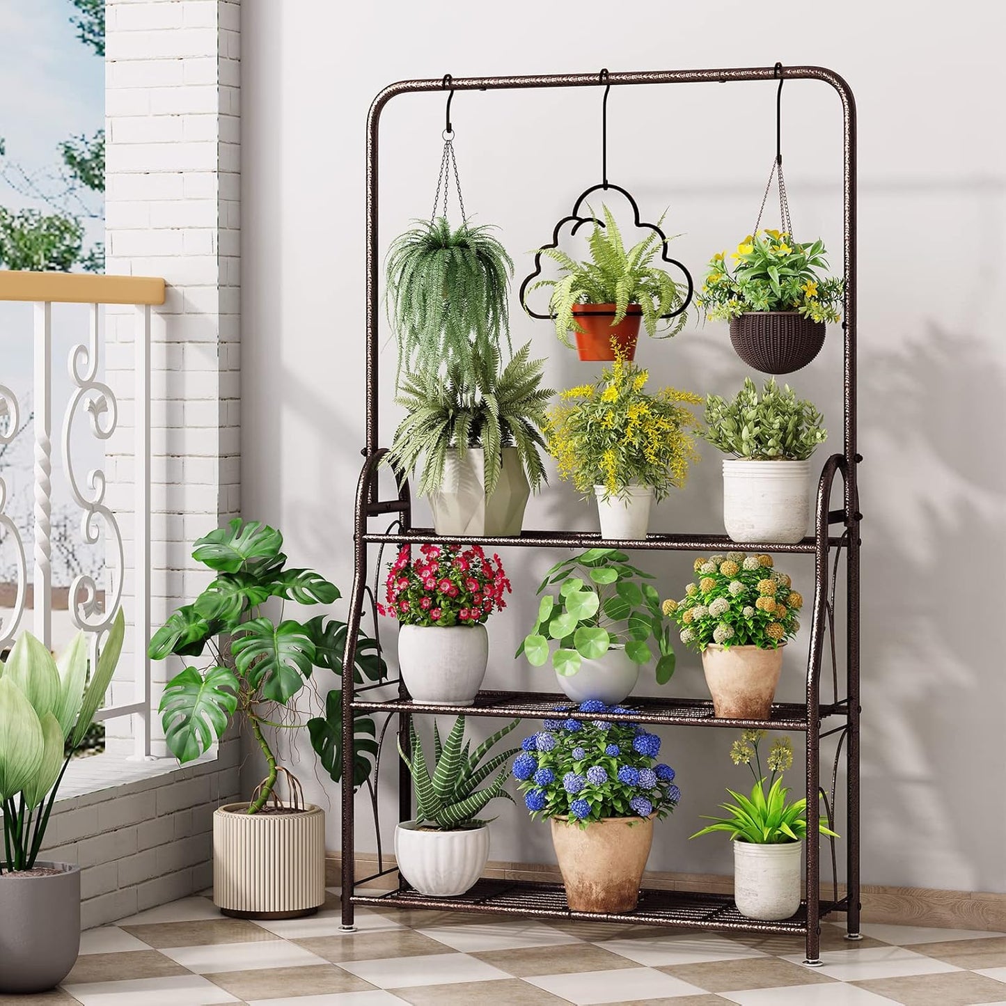 SORCEDAS Plant Stand Indoor Outdoor 3 Tier Tall Corner Hanging Shelf Metal Flower Stands Ladder Holder for Living Room Balcony Garden Patio Multiple Plants, Bronze