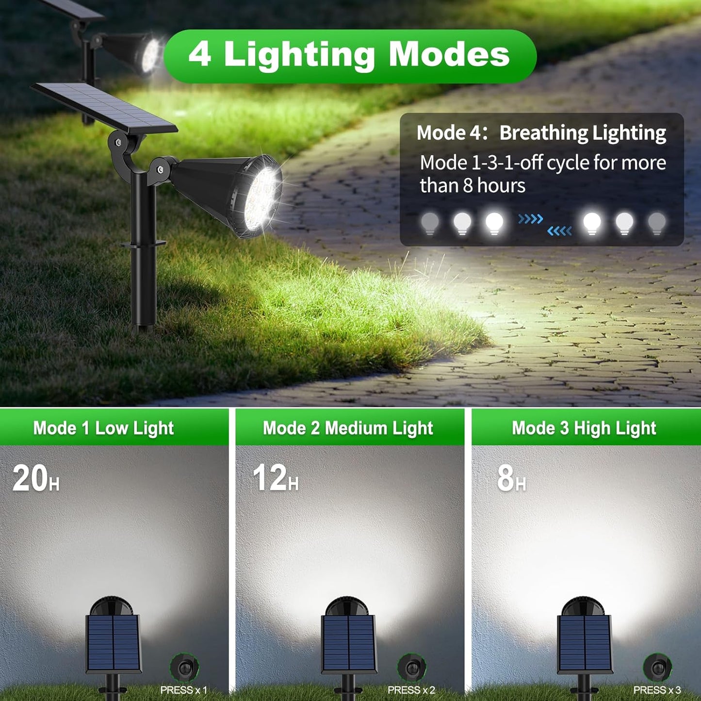 Solar Spot Lights Outdoor Waterproof 180° Adjustable Solar Powered Landscape Lights for Yard 4 Lighting Modes Solar Spotlights for Pathway Garden Outside Wall Pool Porch (2 Pack, Cool White)
