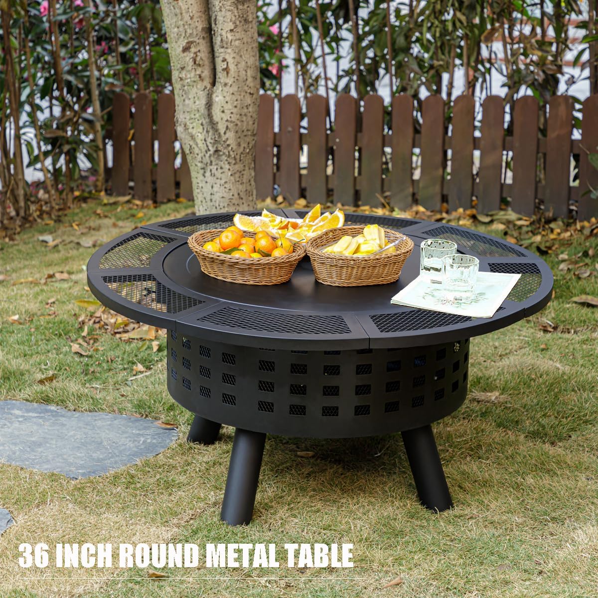 36 inch Outdoor Fire Pit with Grill,Wood Burning Fire Pits for Outside with Lid & Fire Poker,Metal 3-in-1 Firepit Table with Cooking Grate,Outdoor Firepit for Yard,Bonfire,Patio(Charcoal)