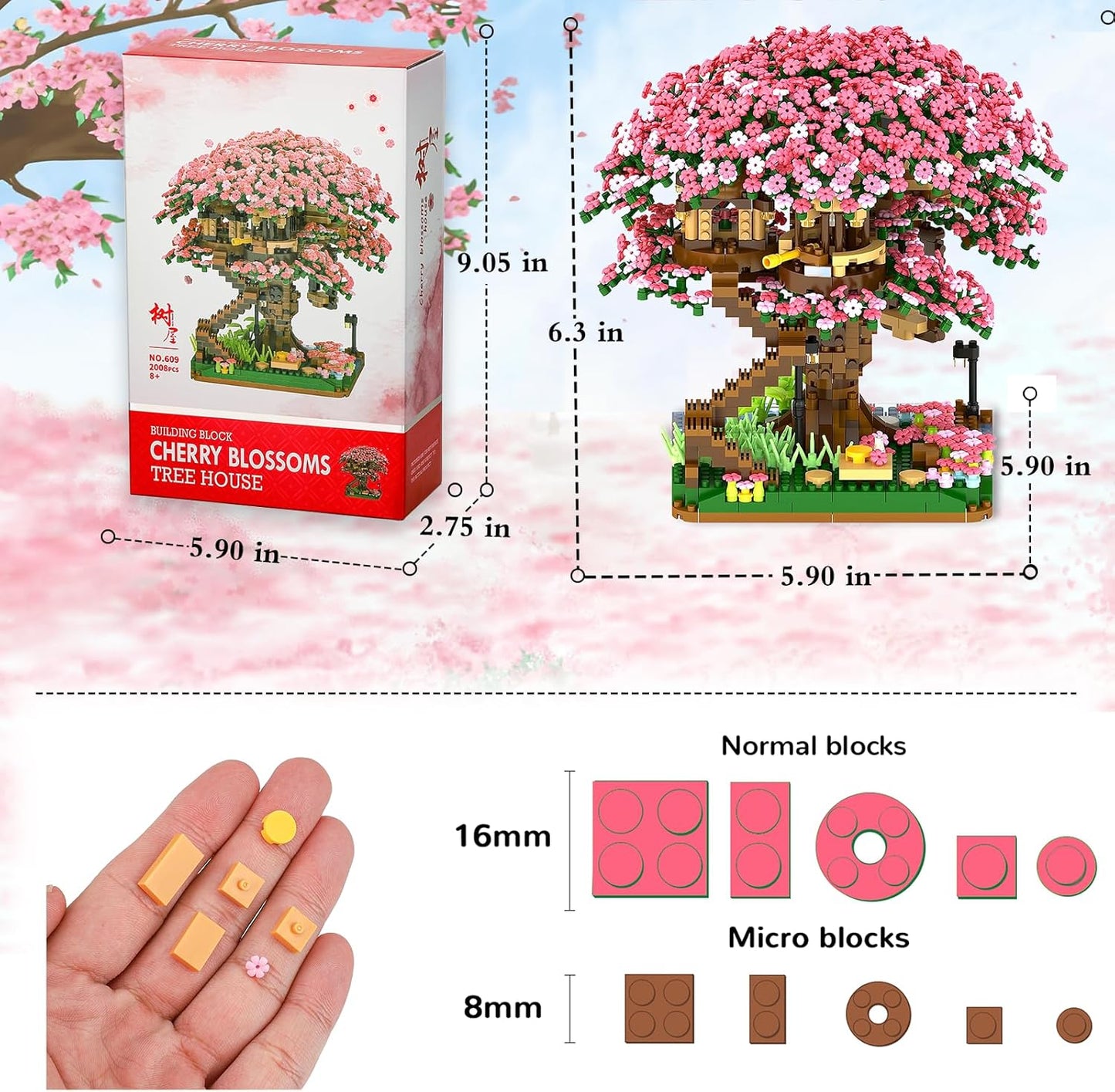 Cherry Blossom Bonsai Tree Mini Micro Building Set, Japanese Sakura Tree House Model Sets for Adults, Flowers House Mini Bricks Building Kit, Creative Gift Toys for Kids 12-14 (2138PCS)