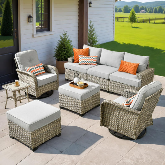HOOOWOOO Outdoor Sectional Patio Furniture Set,8 Pieces Wicker Conversation Sets,Extra Deep Out Door Sofa Outside Furniture Couch with Swivel Chairs Ottoman,Light Gray
