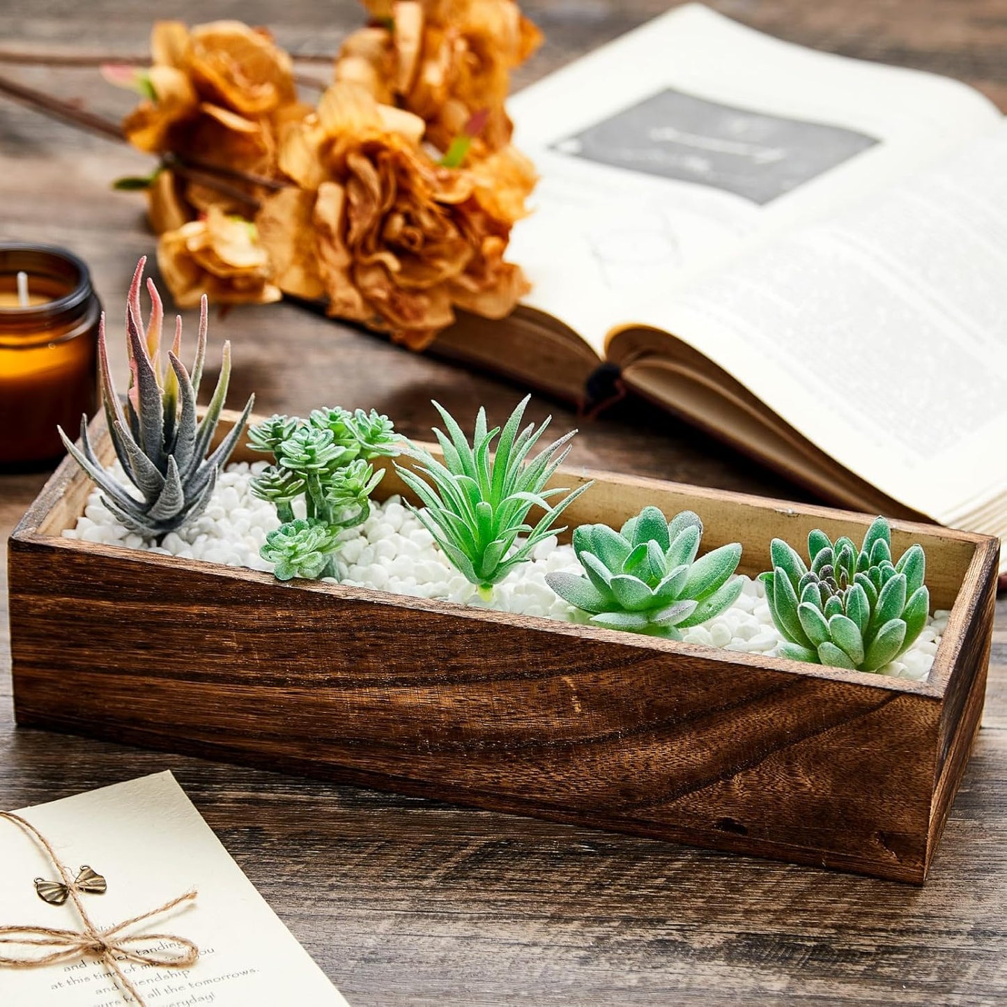 Dandat 3 Set Wood Boxes for Centerpieces Rectangle Wooden Planter Box Rustic Wood Planter with Removable Plastic Liner Floral Foam Blocks for Centerpieces Home Wedding Garden Decor (12x4 Inch)