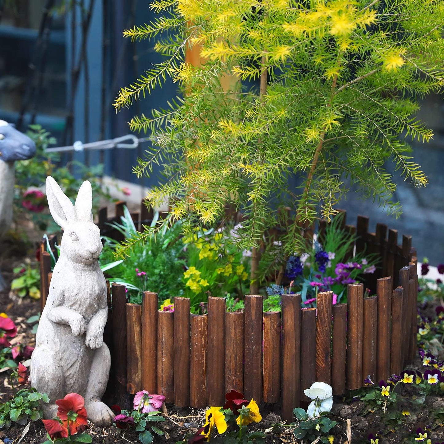 Worth Garden Wooden Staggered Short Fence - 8 in. H. x 3.7 ft. L. Burnt Wood Finish Outdoor Landscape Edging Flexible Decorative Border - Garden Yard Flower Bed Tree Fence - Stakes 4 in. Height