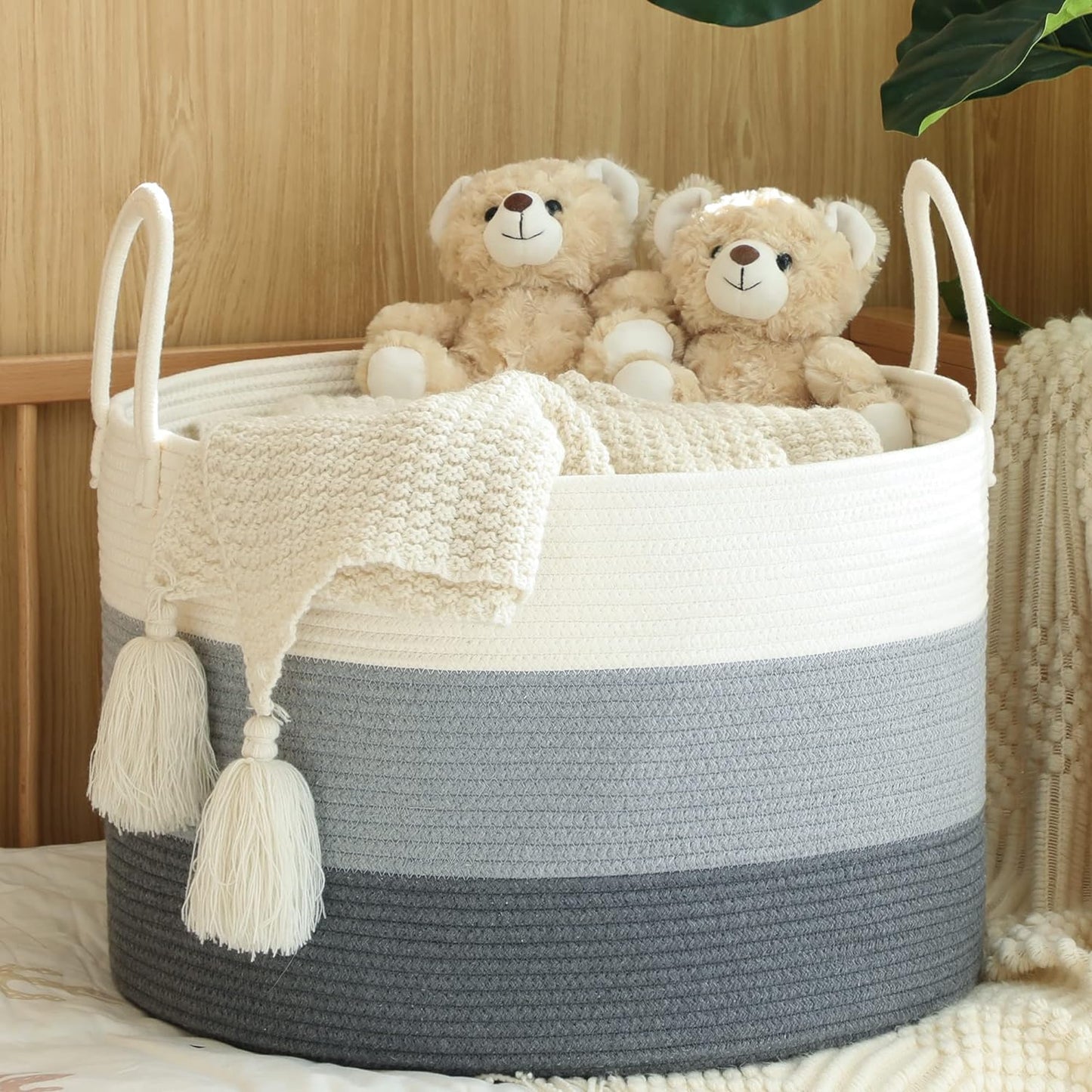 KAKAMAY Large Blanket Basket (20"x13"),Woven Baskets for storage Baby Laundry Hamper,Cotton Rope Blanket Basket for Living Room, Laundry, Nursery, Pillows, Baby Toy chest with Handles (White/Grey)