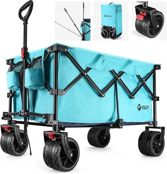 VILLEY Collapsible Folding Wagon with Big Wheels, All Terrain Beach Wagon Cart Heavy Duty Foldable, Enlarged 225lbs Capacity, Portable Utility Garden Cart with 2 Cup Holders and Brake, Blue