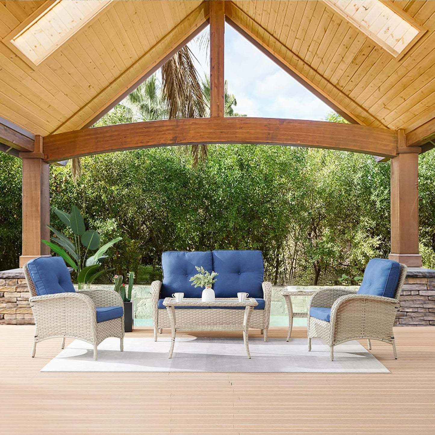 HUMMUH 4-Piece Patio Furniture Wicker Outdoor Conversation Set,All-Weather Rattan Outdoor Bistro Set with Loveseat Chairs Coffee Table for Backyard,Poolside,Deck