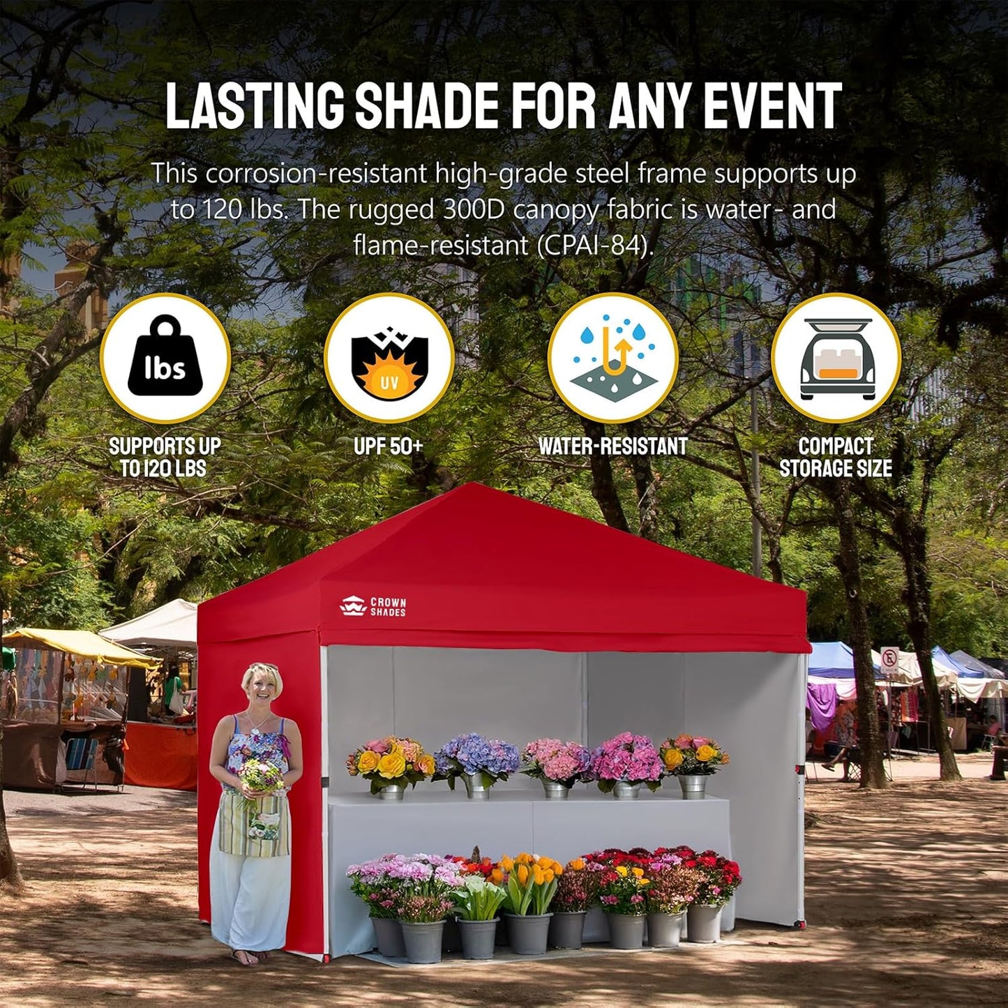 CROWN SHADES 10X10 Comercial Instant Canopy Pop Up Tent with Center Lock (10x10 with 4 Sidewalls, Red)