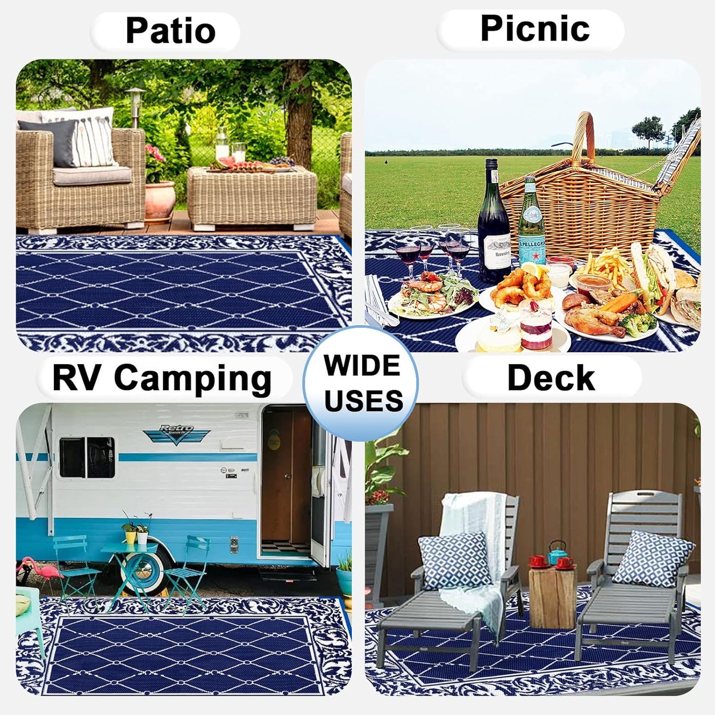 OutdoorLines Indoor Outdoor Rug for Patio 6x9 ft - Reversible Outside Carpet, Stain & UV Resistant Portable RV Mat, Plastic Straw Rug for Camping, Pool Deck, Porch Rhombus Navy & White
