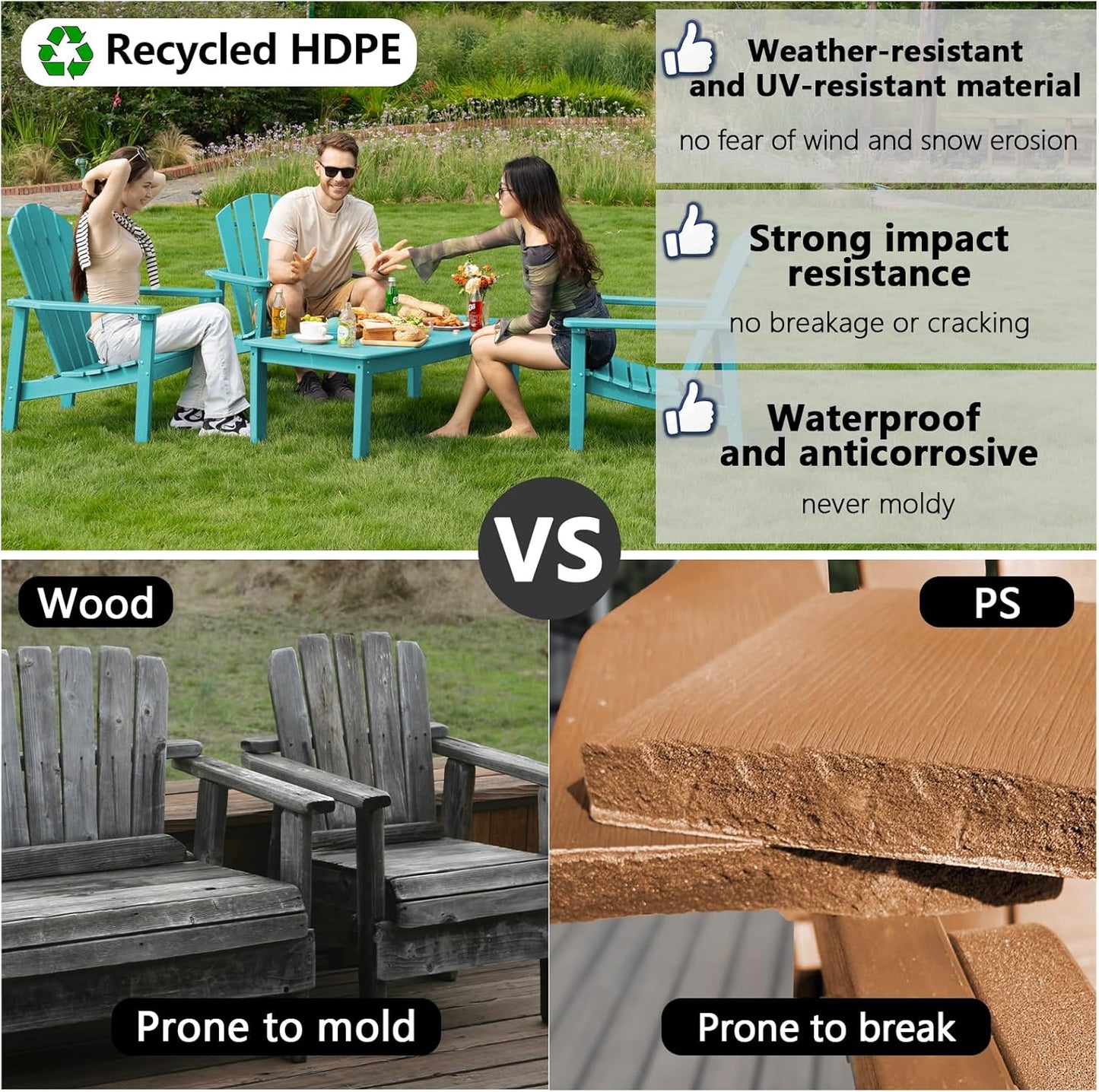 Stackable Adirondack Chair Set of 4, HDPE Outdoor Patio Chair - Durable and Space Saving, Suitable for Porches, Lawns or Garden, Aruba