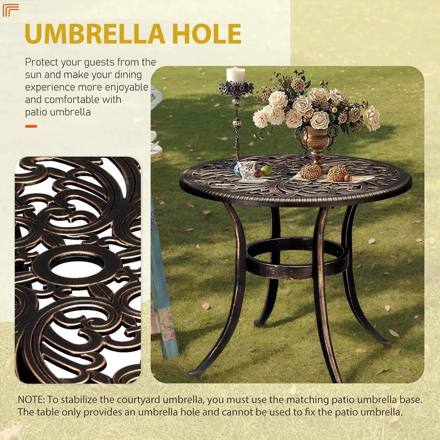 Outvita Patio Side Table, 23.6in Outdoor Round Cast Aluminum Bistro Table with Umbrella Hole and Antique Design for Backyard Porch Pool Balcony Deck Bronze