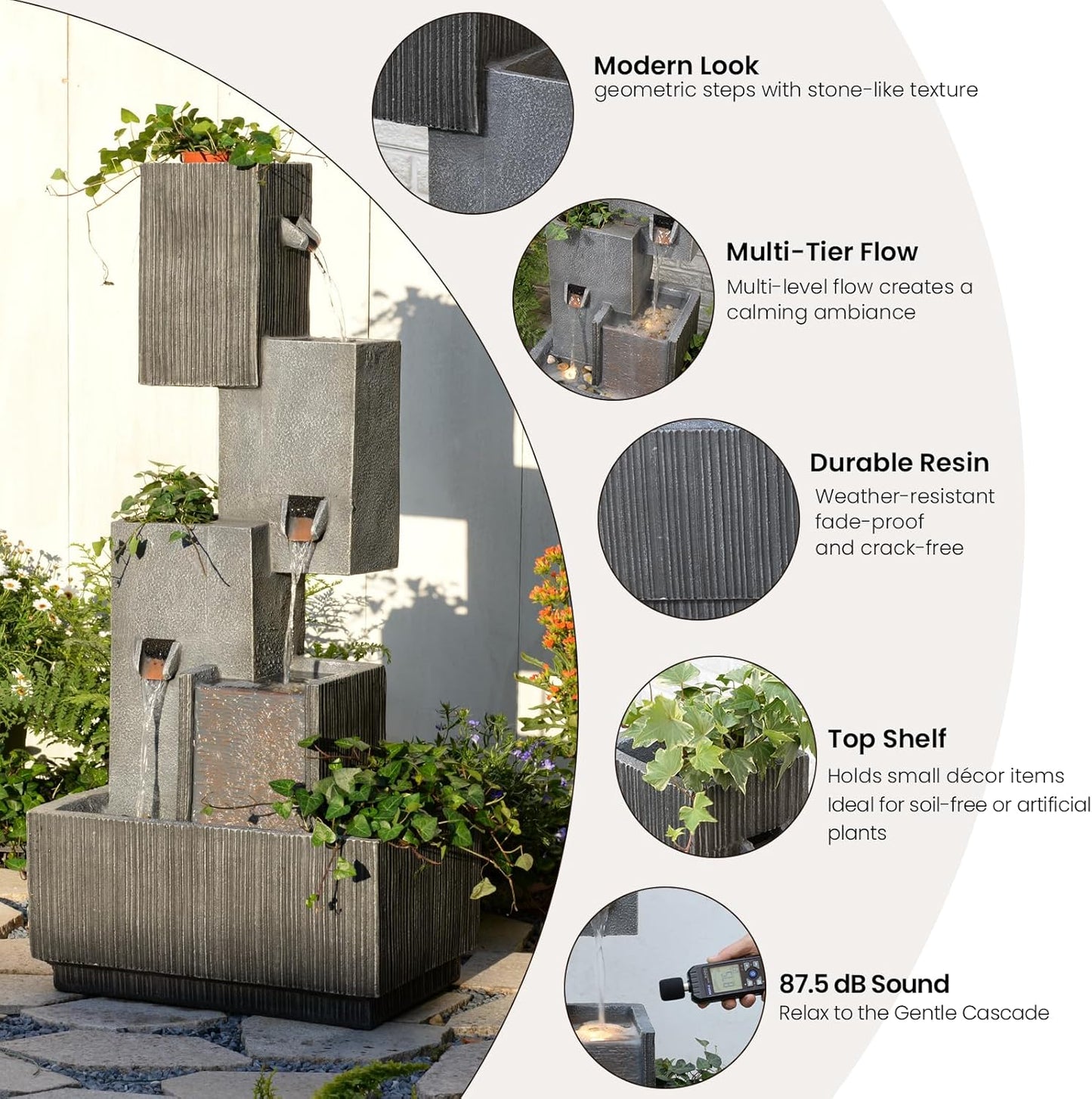 42" H Outdoor Water Fountain Garden Waterfalls - Large Water Feature Geometric Stacking Waterfall Fountains Planter with Lights for Patio Backyard Deck Porch Deck and Home Decor, Gray