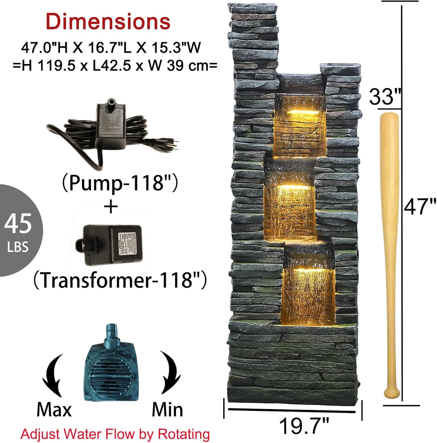 47 in High Water Fountain Outdoor Garden 3 Tier Cascading Large Outdoor Fountains and Waterfalls with LED Lights for Garden, Patio, Backyard, Deck, Porch and Home Art Decor, Natural Stones