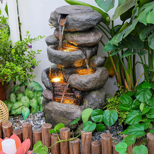 Garden Outdoor Fountains 4-Tier Rock Outdoor Water Fountain with Lights, 28.35" Waterfall Fountain for Garden, Patio, Yard, and Lawn, Natural Stone Look Water Features Outdoor Patio