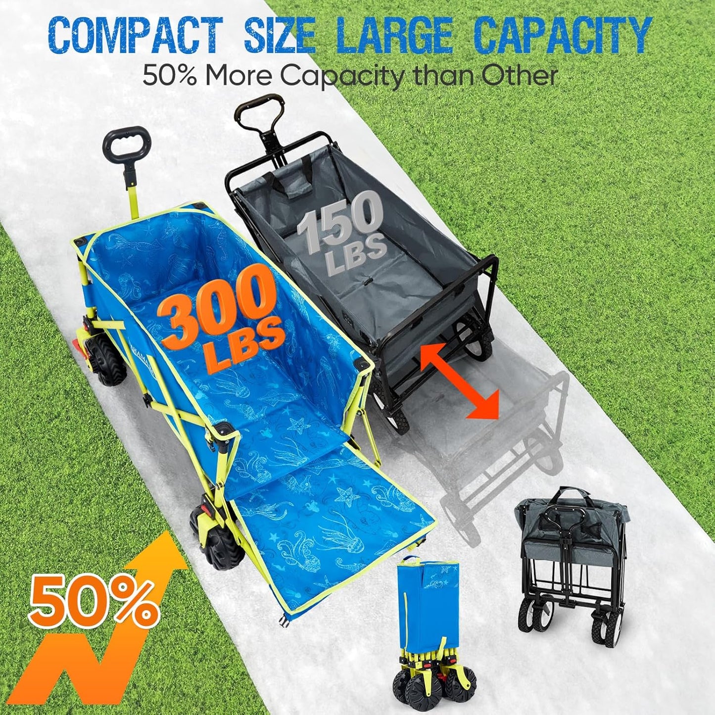 49" L Extra Long Beach Wagon with Tailgate,Big Wheels with Brake for Sand, Collapsible Utility Beach Cart Heavy Duty Folding Wagon,Ideal for Outdoor Sand Camping Garden Pet