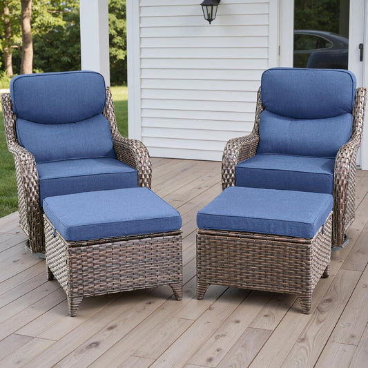 Wicker Outdoor Patio Furniture Set - 4 Piece Patio Conversation Set with Swivel Rocker Chairs and Ottomans, 6 inch Cushions, High Back, Deep Seating, for Porch Deck Garden Brown/Blue