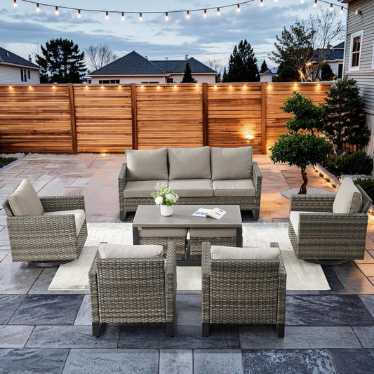 HUMMUH 8 Piece Patio Furniture Set All Weather Wicker Outdoor Sectional Sofa with Patio Chairs,Patio Swivel Glider Chairs Ottomans Coffee Table for Porch,Garden,Backyard