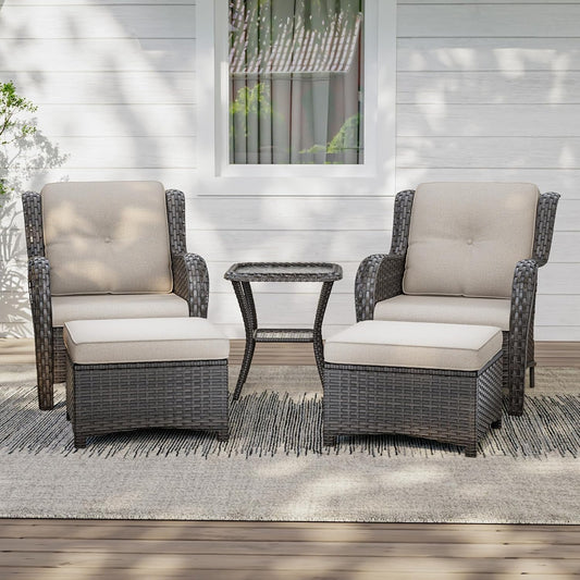 5 Pieces Patio Conversation Set, Wicker Chairs Set of 2 and Two Ottomans with 3.5-inch Seat Cushions, 1 Side Table High Back and Curved Armrest for Backyard, Balcony and Deck, Beige