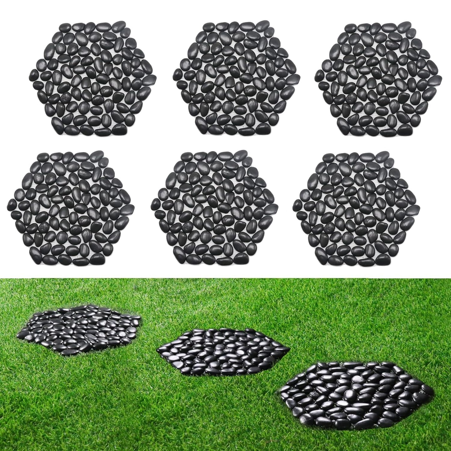 12 inch River Rock Stepping Stone - Pavers for Outdoor Garden Walkway, Landscaping - Polished Pebble Step Stones for Patio Yard Lawn Pathway, Set of 6 (Hexagon, Black)