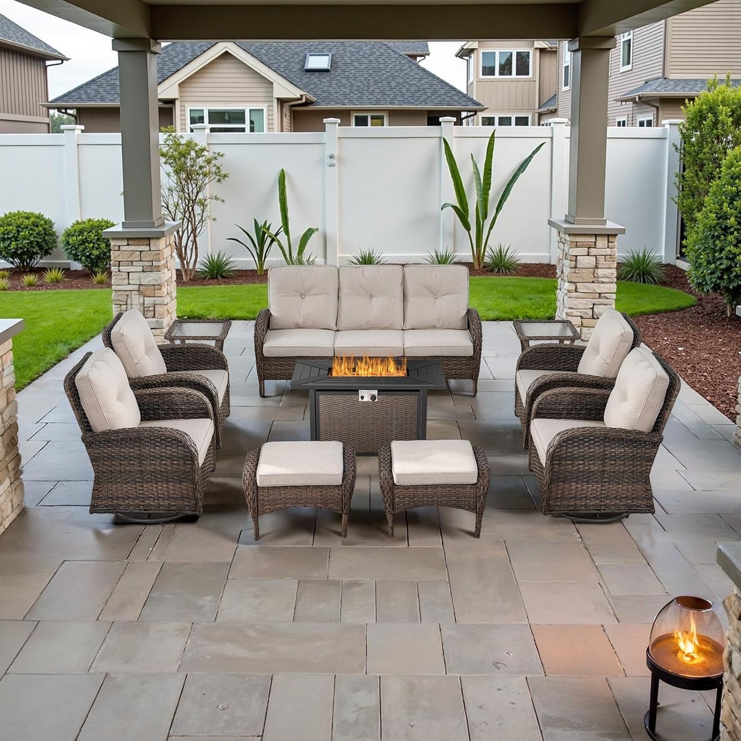 Expansive 10 Pieces Outdoor Patio Furniture Set with 43” Propane Fire Pit Table, Patio Conversation Set with Swivel Rocker Outdoor Chairs Set of 4 and Sofa, Ottoman and Wicker Side Table Brown