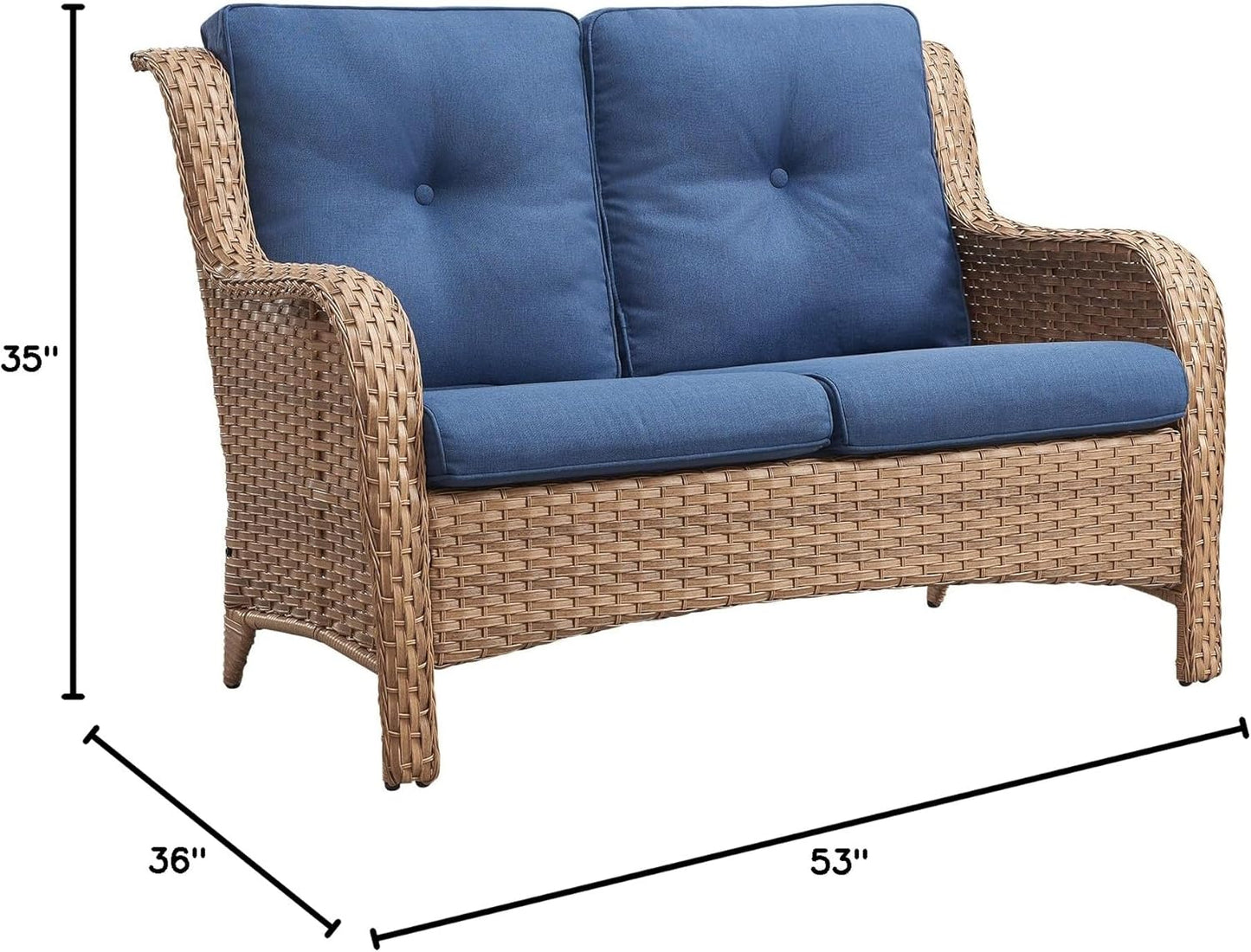 Outdoor Loveseat Patio Couch - 500 Lbs Weight Capacity Wicker Loveseat with High Backrest Wide Armrest, Small Patio Furniture Rattan 2 Seater Sofa for Balcony Deck Proch Poolside Yellow