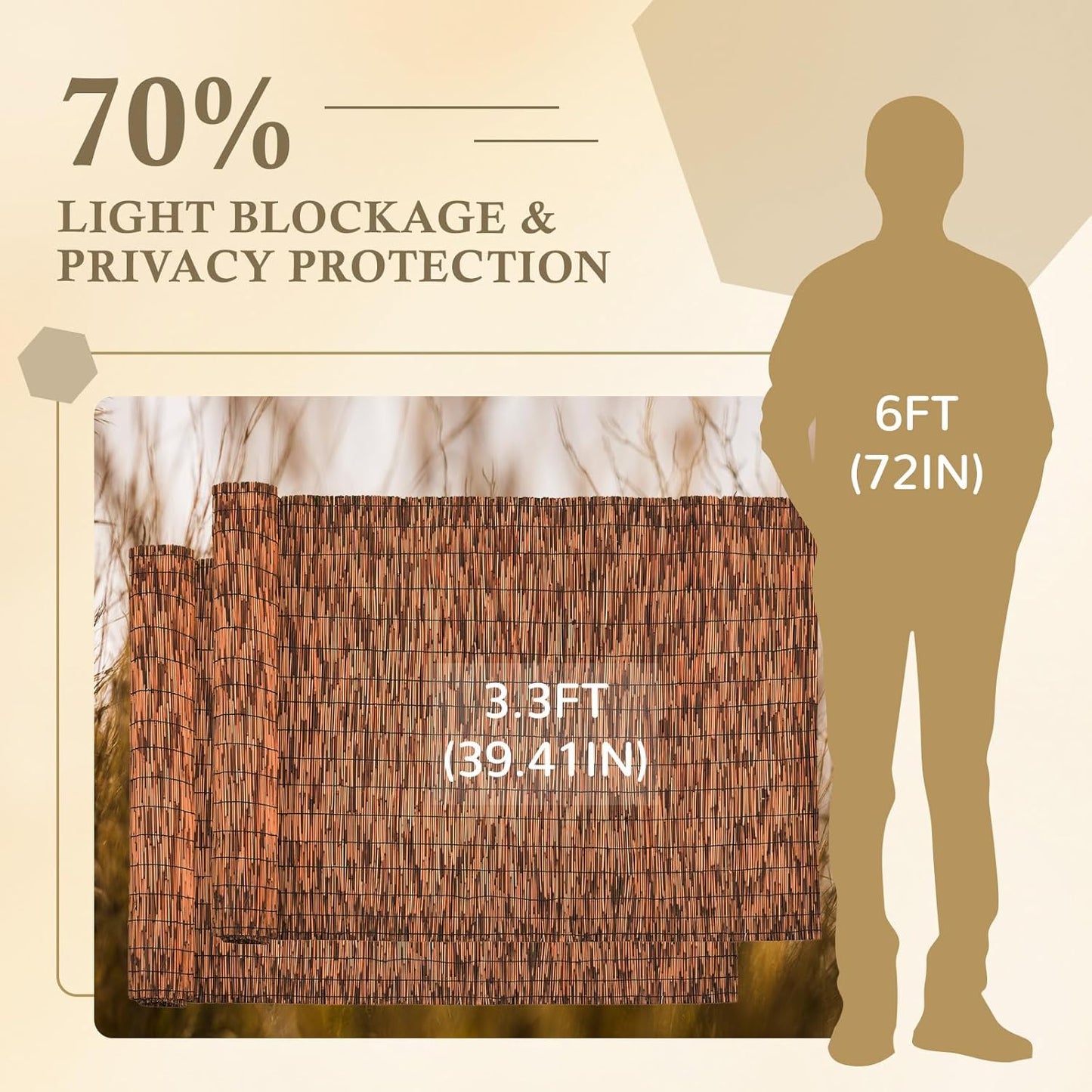 Brown 2 Pack 3.3FT X 16.4FT Reed Fencing Roll, Balcony Privacy Shade Reed Bamboo Fencing Garden Fence Border, Wind Block Sunshade Fence Screen for Outdoor Yard Patio Flower Bed Edge