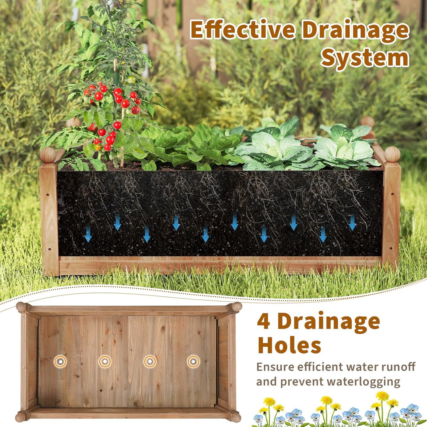 HAPPYGRILL Wood Raised Garden Bed, 46” x 24” x 16” Rectangular Flower Box w/Drainage Holes for Growing Vegetables, Flowers, Herbs, Outdoor Planter Box for Backyard Garden Lawn