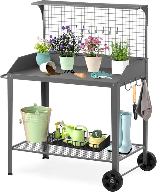 Outdoor Metal Potting Bench with Wheels, Heavy Duty Garden Workbench Table with Storage Shelf (Dark Gray, 52.8"x36.6")