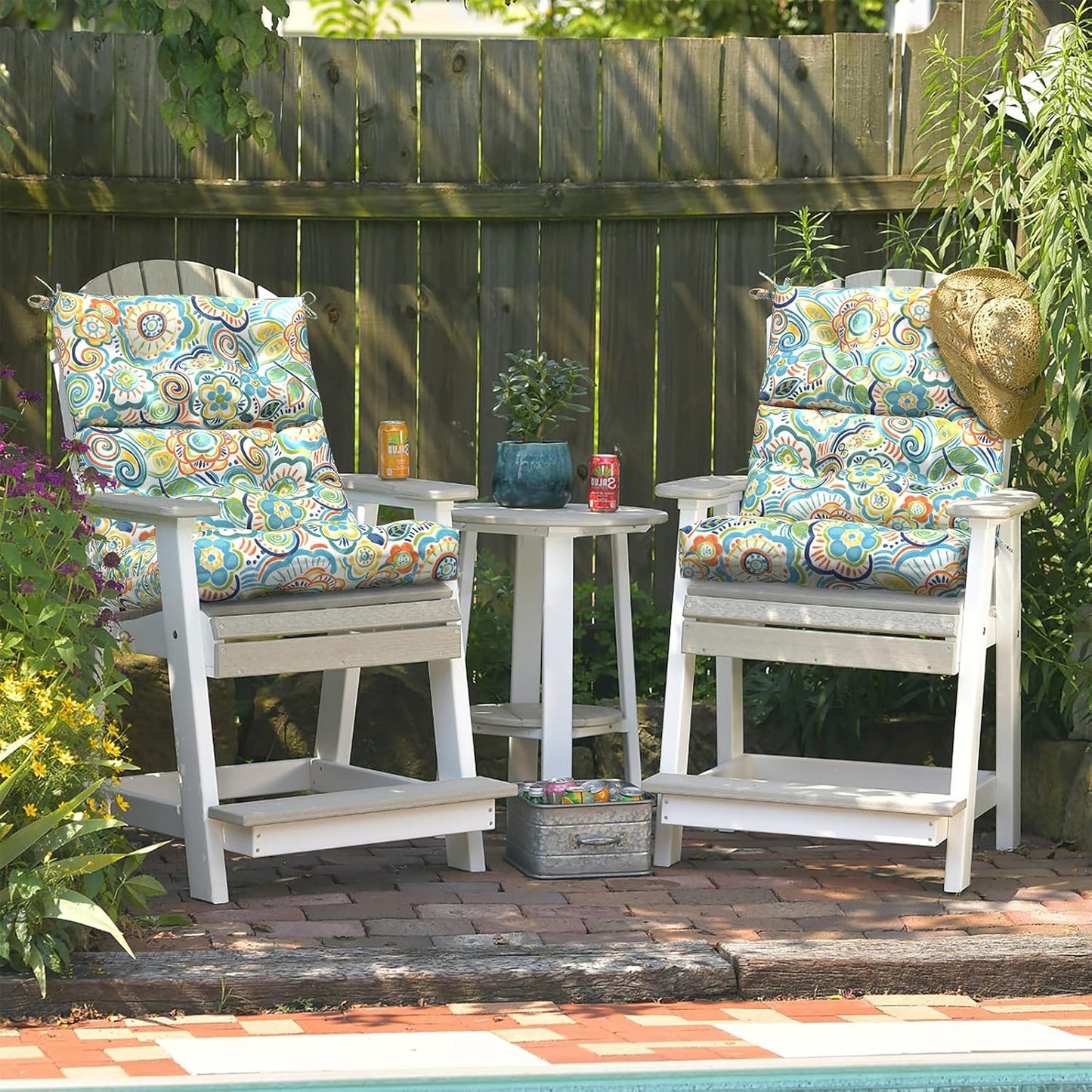 LVTXIII Outdoor Seat/Back Chair Cushion Patio Tufted High Back Cushion, Seasonal Replacement Rocking Chair Cushion with Ties (22” W x 20D”, Set of 2, Flower Blue)