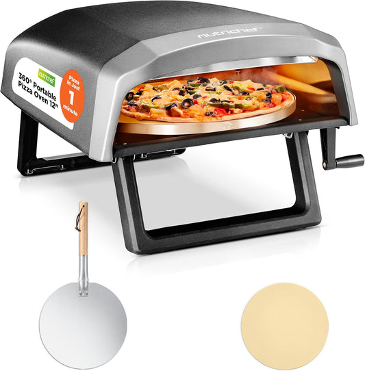 NutriChef Outdoor Pizza Oven with 360° Rotating Pizza Stone | Adjustable Heat Control Dial, Includes Pizza Peel, Stone & Regulator with Hose | Cooks 12" Pizza in 60 seconds | 25.2 x 16.1 x 14 IN
