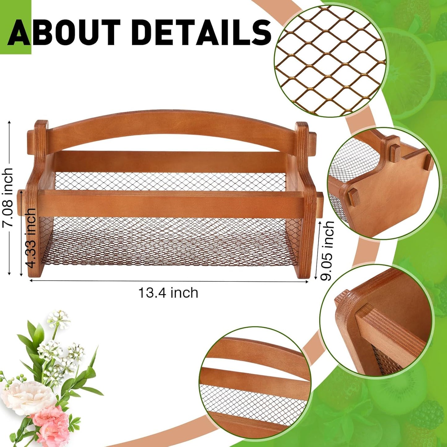 Garden Harvest Basket Mesh Storage with Handle Versatile Gardening Fruits Vegetables Gathering Basket Garden Supply Gardener Gift Spring for Washing Holding(Brown,13.4in)