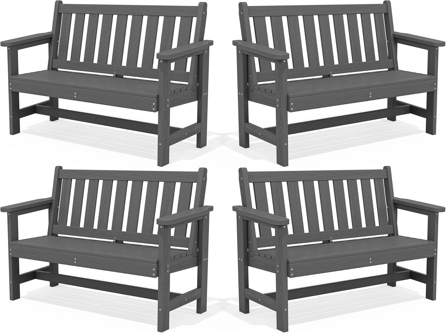 SERWALL Outdoor Bench, HDPE Outdoor Benches Weatherproof, 2-Person Garden Bench with 660 lbs Weight Capacity, Patio Benches for Outdoors, Garden, Porch, Backyard and Park, Grey, 4 Pack
