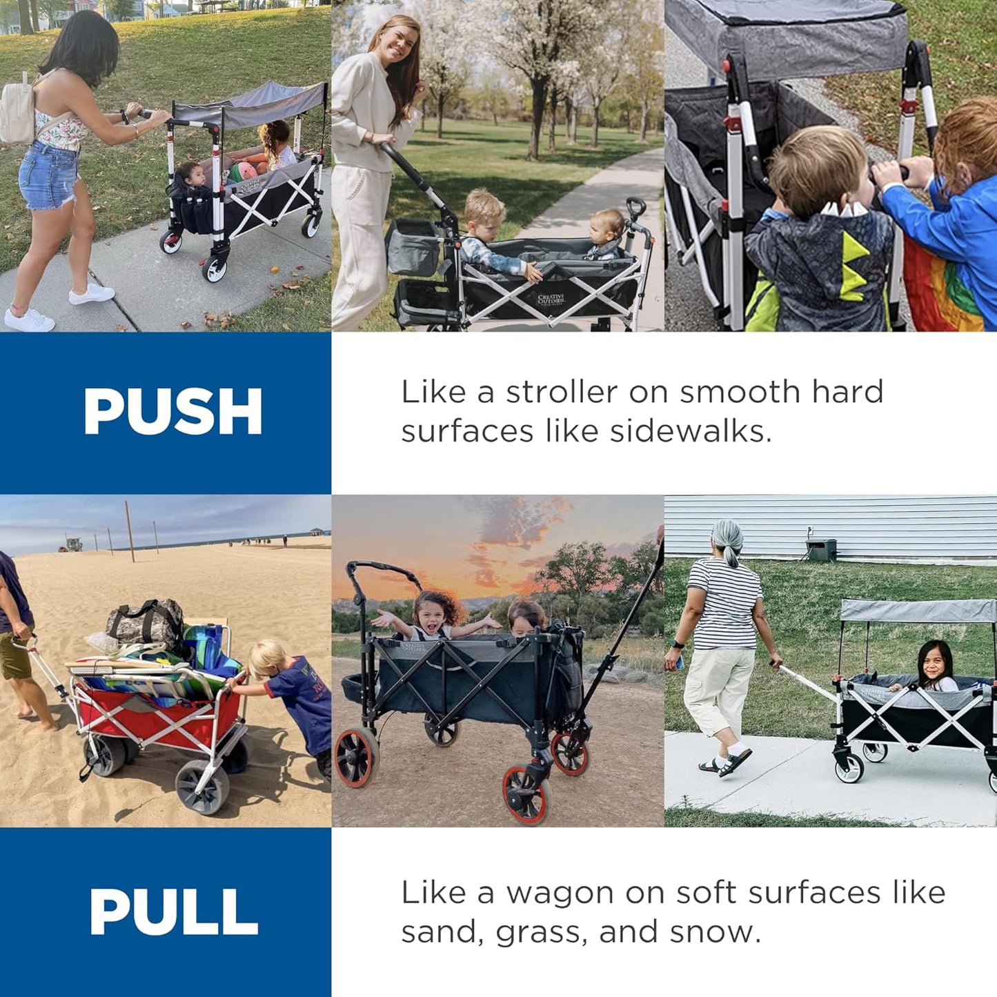 Creative Outdoor Push Pull Stroller Wagon for Kids,150lbs Weight Capacity, Collapsible Folding Cart with Canopy, Silver Series Plus, Beach, Park, Garden & Tailgate (Blue/Gray)