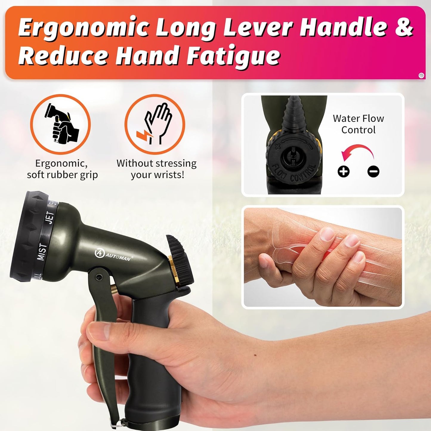 AUTOMAN Garden Hose Nozzle - 7 Patterns Sprayer, 100% Metal High Pressure Spray Nozzle, Labor-Saving Design, Heavy Duty Water Hose Nozzle for Garden Watering, Car Washing, Window Cleaning,Pets Bathing